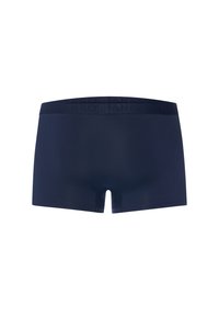 Navy blue seamless men's boxer briefs with a wide elastic waistband and subtle brand name embossing.