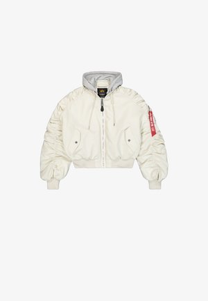 Cropped white jacket with a gray hood, featuring gathered sleeves, two front pockets, and a red tag accent on the left sleeve.