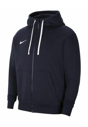 Marineblå hættetrøje med lynlås, hvide snore, forlommer, ribkanter og et hvidt Nike Swoosh-logo på venstre bryst.
