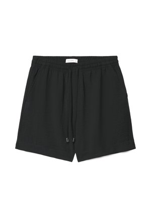 Shorts décontractés noirs avec taille élastique, cordons de serrage, poches latérales, et une petite étiquette de marque blanche au centre de la taille.