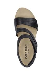 Black leather sandal with multiple wide straps, open toe, and a cushioned beige insole featuring the brand name "JOSEF SEIBEL" printed.