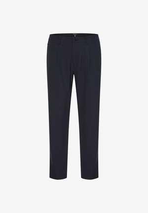 Pantalones de navy fabricados con tejido texturizado, que presentan un diseño de pierna recta, pliegues frontales y un cierre de un solo botón en la cinturilla.