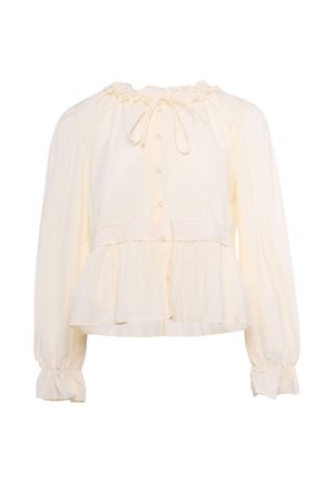 Blusa crema a maniche lunghe con colletto e polsini arricciati, chiusura frontale con bottoni, cucitura in vita e orlo a peplo.
