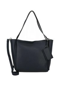 Borsa tote in pelle blu navy con superficie testurizzata, doppi manici e tracolla regolabile. Include un piccolo portacarte allegato.