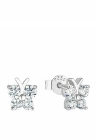 Pendientes en forma de mariposa de plata con cuatro piedras de zirconia cúbica transparente de corte redondo, presentan un gancho y un cierre tipo mariposa. Marcados con "925A."
