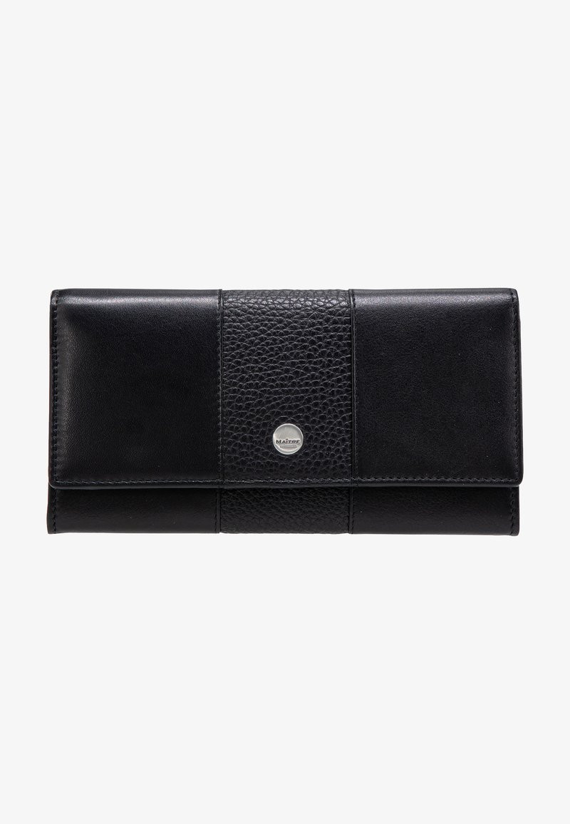 Black leather wallet featuring a smooth and textured design, metallic logo accent, with a rectangular shape and fold-over closure.