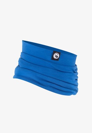 Fascia elastica blu con una superficie liscia, caratterizzata da tessuto arricciato e un piccolo etichetta nera con un logo bianco sul lato.