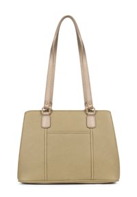 Beige neplederen handtas met vergulde hardware, twee lange handvatten, rechthoekige vorm en een voorkantzak. Geweven oppervlakdetail.