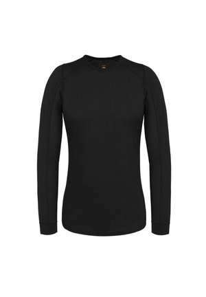 Schwarzes Langarmshirt aus weichem Stoff, mit Rundhalsausschnitt, flachen Nähten und taillierten Ärmeln mit verstärkten Bündchen.