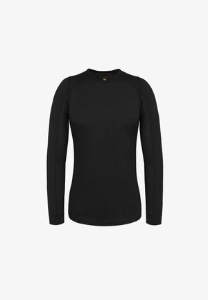 Schwarzes Langarmshirt aus weichem Stoff, mit Rundhalsausschnitt, flachen Nähten und taillierten Ärmeln mit verstärkten Bündchen.