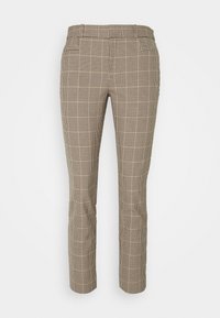 Houndstooth-mönstrade byxor i bruna och beige nyanser, med smal passform, slät textur, två framfickor och rak bendesign.