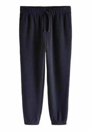 Mørkeblå joggerbukser med vaffelstruktur, elastisk talje og justerbar snor. Stramme ribkanter ved anklerne. Simpelt, afslappet design.