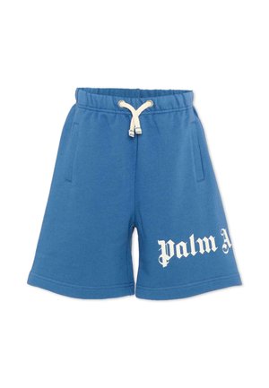 Niebieskie casualowe szorty z białym sznurkiem w pasie i częściowym białym napisem "Palm" na lewej nogawce, wyposażone w boczne kieszenie i luźny krój.