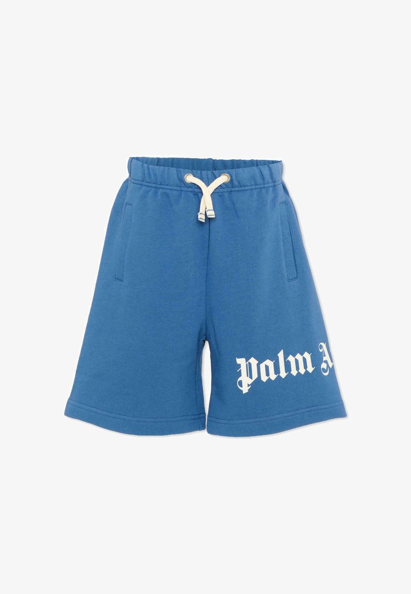 Shorts décontractés bleus avec ceinture à cordon blanc et texte partiel "Palm" en blanc sur la jambe gauche, dotés de poches latérales et d'une coupe décontractée.