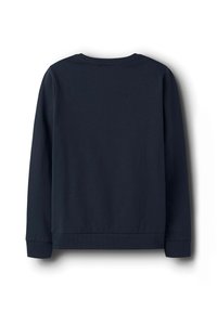 Sweatshirt bleu marine à manches longues avec col ras du cou, poignets et ourlet côtelés, une texture lisse et sans motifs ni accents visibles.