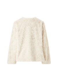 Fluffy crème trui met een gestructureerd oppervlak, ronde halslijn en lange mouwen. Geen zichtbare sluitingen of extra details.
