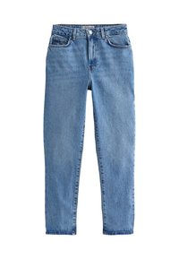 Vaqueros de mezclilla azul desgastados con una cintura alta, diseño de pierna recta, estilo de cinco bolsillos y sutiles detalles de costura.