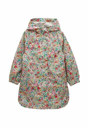 Children’s hooded raincoat with colorful floral and horse pattern, elastic cuffs, and front button closure.
