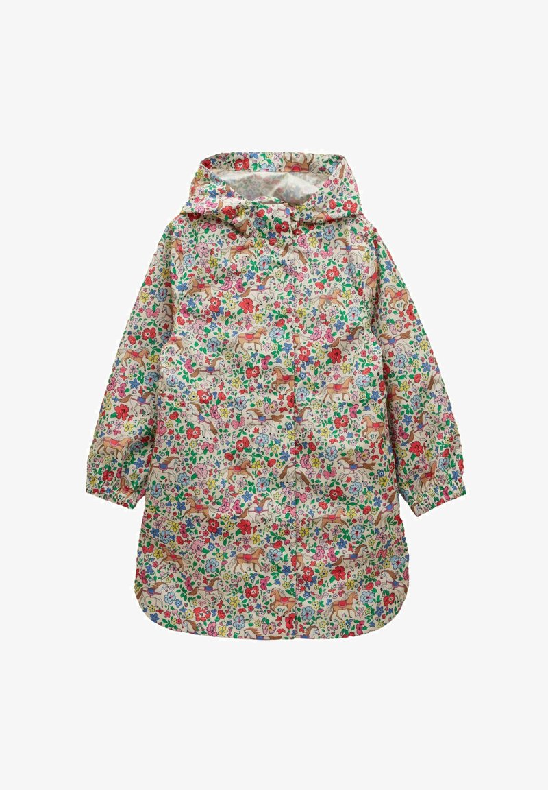 Imperméable à capuche pour enfants avec motif coloré de fleurs et chevaux, poignets élastiques et fermeture à boutons à l'avant.