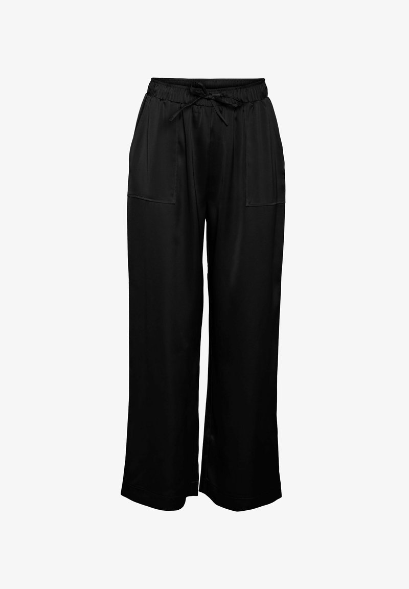 Black, wide-leg pants made of smooth fabric; features an elastic waistband with a drawstring and two front patch pockets.