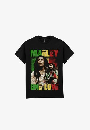 Černé tričko s grafickým potiskem dvou postav, text „MARLEY“ a „ONE LOVE“ s texturou v zelené, žluté a červené barvě.