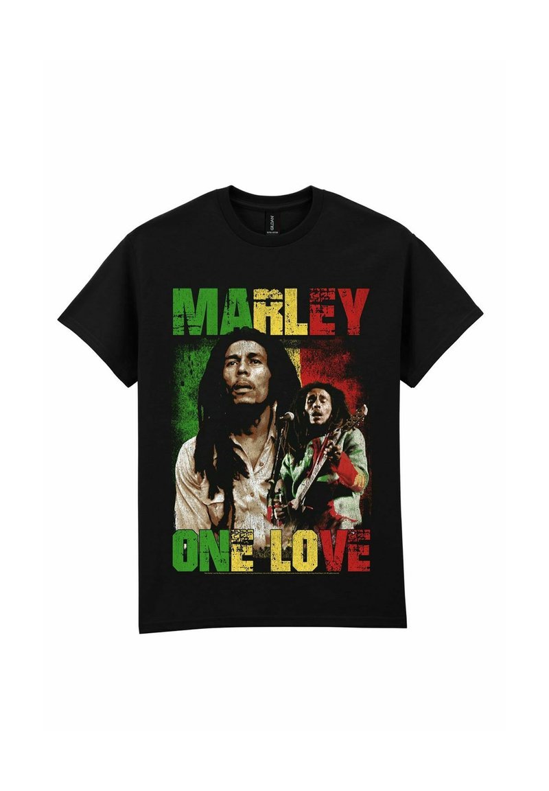 Černé tričko s grafickým potiskem dvou postav, text „MARLEY“ a „ONE LOVE“ s texturou v zelené, žluté a červené barvě.