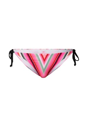 Dół od bikini w różowo-czerwono-szary wzór w jodełkę, z czarnymi wiązaniami po bokach i małym logo na środku pasa.