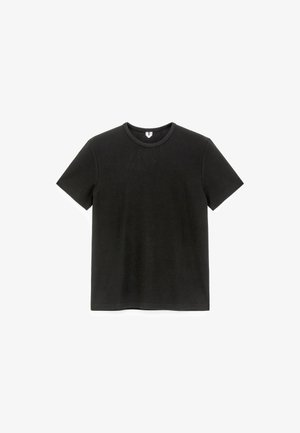 Sort t-shirt med korte ærmer lavet af tekstureret stof, med rund halsudskæring og en afslappet pasform. Minimalistisk design uden synlige mønstre.