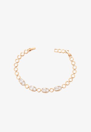 Brățară din aur cu zale rotunde, având cinci pietre ovale clare amplasate în rame intricate. Închidere cu clapetă la un capăt.