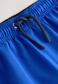 Shorts de bain bleus en tissu lisse, avec une taille élastique dotée d'un cordon noir ajustable aux embouts en plastique gris.