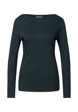 Czarnoszary długi rękaw t-shirt z szerokim dekoltem w łódkę, o gładkiej, płaskiej strukturze bez widocznych wzorów czy akcentów.
