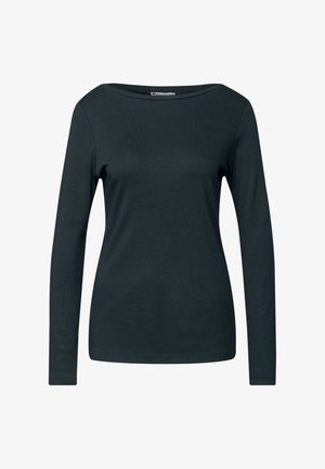 Czarnoszary długi rękaw t-shirt z szerokim dekoltem w łódkę, o gładkiej, płaskiej strukturze bez widocznych wzorów czy akcentów.