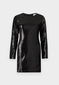Abito nero in paillettes con maniche lunghe, scollo rotondo e zip sul retro. Presenta una superficie testurizzata con paillettes riflettenti su tutta la superficie.