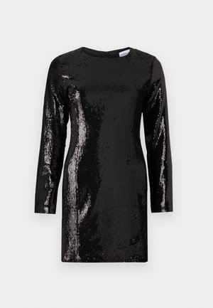 Abito nero in paillettes con maniche lunghe, scollo rotondo e zip sul retro. Presenta una superficie testurizzata con paillettes riflettenti su tutta la superficie.