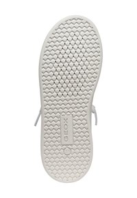 Witte rubberen schoenen zool met een ruitpatroon, voorzien van ventilatieopeningen en een grijze label met de tekst "GEOX" in het midden.