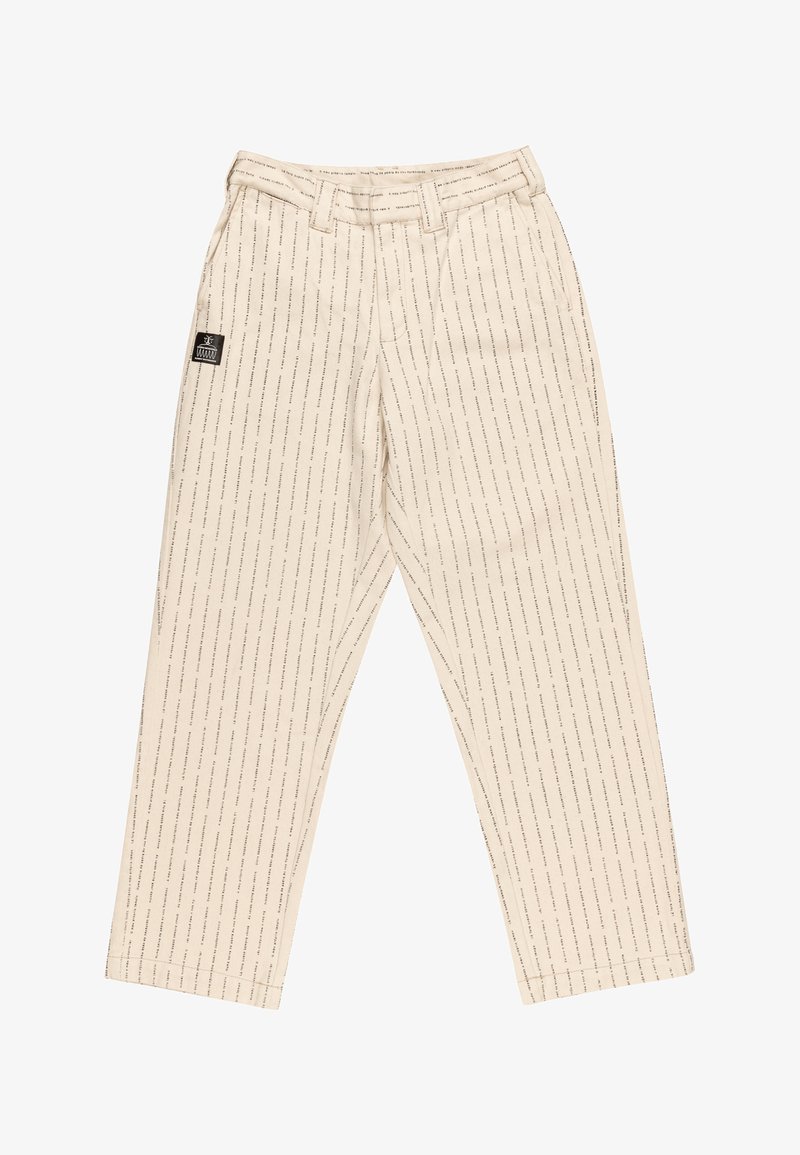 Beige pants with vertical text pattern, featuring a belt loop, side pockets, and a black brand label on the left side.