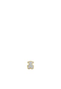 Ciondolo a forma di orsetto tono oro con superficie argentata texturizzata, decorato con strass trasparenti per un tocco di brillantezza. Design compatto e dettagliato.