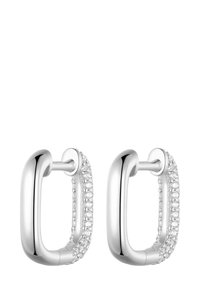 Silver hoop earrings with a rectangular shape, featuring a row of clear rhinestones along one side for added detail and texture.