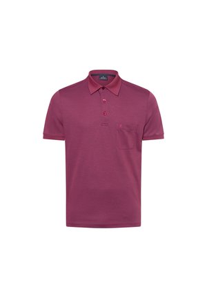 Bordeauxrote Poloshirt aus weichem Stoff, mit einem kragen, dreiknopfiger Knopfleiste und einer Brusttasche mit kleinem Logo. Kurze Ärmel.