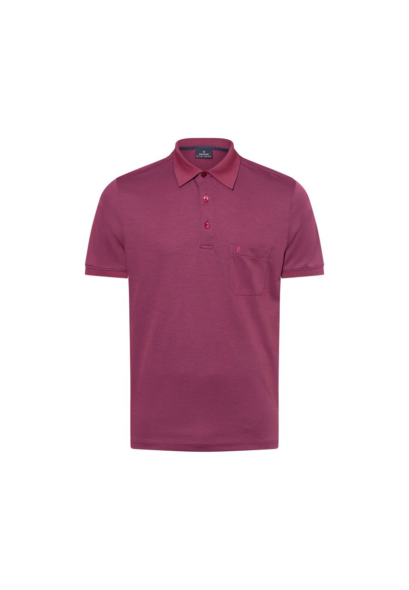 Bordeauxrote Poloshirt aus weichem Stoff, mit einem kragen, dreiknopfiger Knopfleiste und einer Brusttasche mit kleinem Logo. Kurze Ärmel.