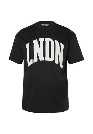 Black cotton t-shirt featuring bold white "LNDN" text across the chest, round neckline, and short sleeves. Classic fit with straight hem.