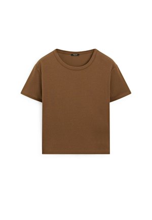 Bruine korte mouwen t-shirt van katoen. Heeft een ronde hals en een rechte, cropped snit. Soepele textuur zonder opvallende patronen.