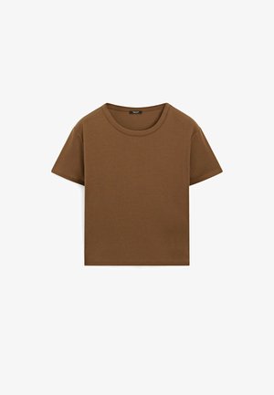Bruine korte mouwen t-shirt van katoen. Heeft een ronde hals en een rechte, cropped snit. Soepele textuur zonder opvallende patronen.