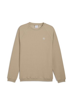 Hanorac bej cu textură, cu mâneci lungi raglan și mansete căptușite. Prezintă un logo mic pe piept. Material greu, design casual.