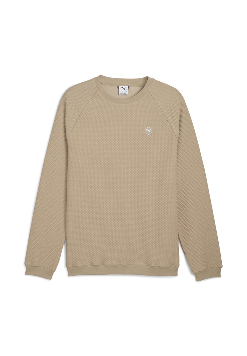 Beige textured sweatshirt with long raglan sleeves and ribbed cuffs. Features a small logo on the chest. Heavyweight fabric, casual design.
