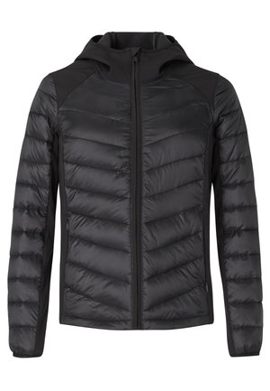 Veste matelassée noire pour homme avec capuche, fermeture éclair intégrale sur le devant, manches longues et poches latérales zippées, légère et isolante.