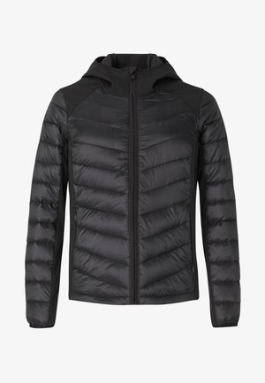 Veste matelassée noire pour homme avec capuche, fermeture éclair intégrale sur le devant, manches longues et poches latérales zippées, légère et isolante.