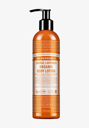 Pumpflasche mit Dr. Bronner’s Orange Lavender Organic Body Lotion mit schwarzer Pumpe und orangefarbenem Etikett, 240 ml, mit fair gehandelten Inhaltsstoffen.