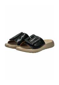 Black slide sandals with reptile-textured straps, large buckle accents, and a beige rubber sole for comfort and stability. Smooth inner lining.