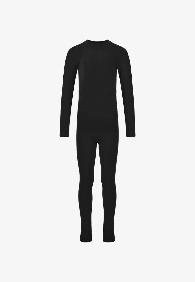 Zwarte lange mouwen baselayer met ronde hals, aangesloten ontwerp en een gladde textuur, uitlopend in een volle lengte legging. Geen patronen of accenten.